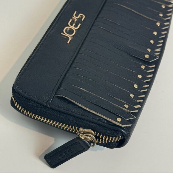 Joe’s Jeans Black Leather Fringe Zip Around Wallet Clutch - Picture 2 of 6